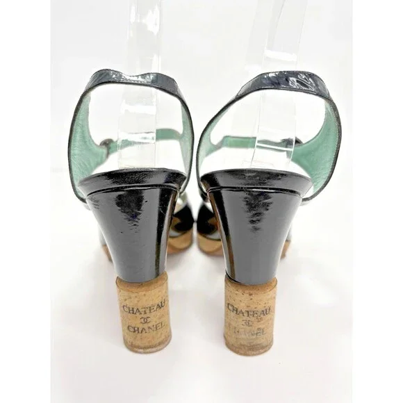 Chanel "Chateau Chanel" Wine Cork Heel Pumps Black Patent w Blue Accent Sz 37.5 - Picture 5 of 12
